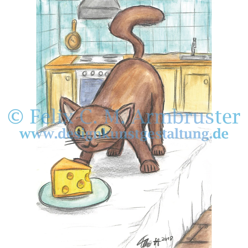 Buch-Illustration mit Aquarellfarbstiften - Katzen mögen Käse